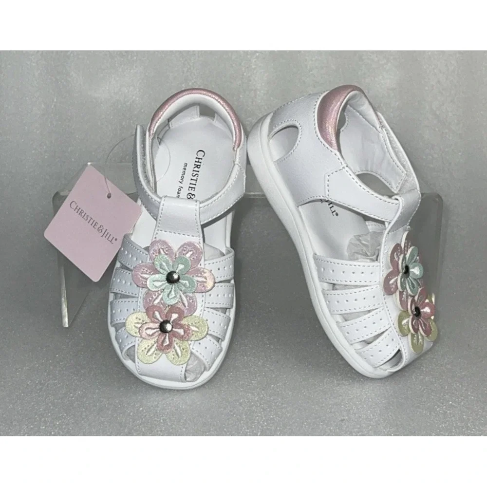Christie & Jill Sandals Lil Mila White & Pink Flowers Little Girls Size 7M New